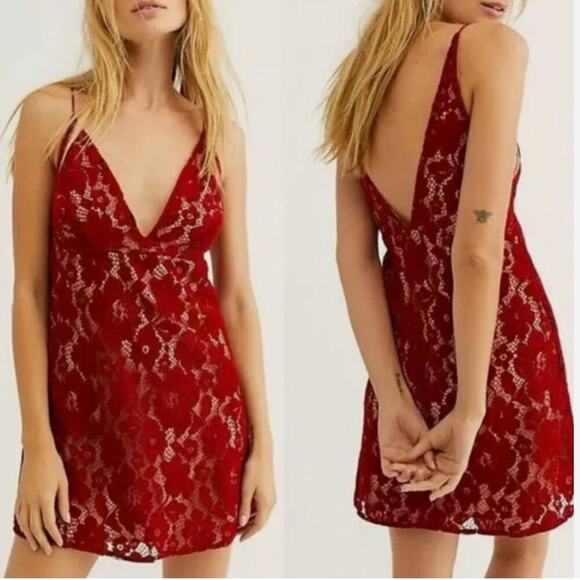 Free People Dangerous Love Red Lace Mini Dress - Picture 1 of 8